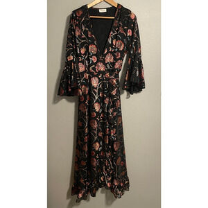 Talisman Dress Womens Medium Black Floral Wrap Maxi Bell Sleeve Ruffle Hem Boho